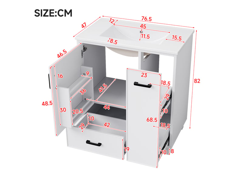  Meuble sous vasque sur pieds avec 1 porte, 2 tiroirs et vasque en céramique pour salle de bain blanc 76,5 × 47 × 82 cm  - Conforama C