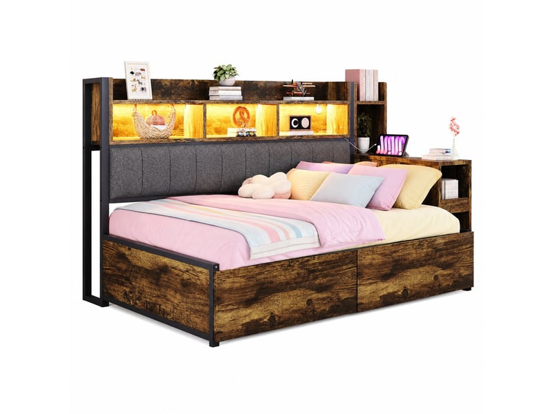 Lit multifonction 90x200 cm avec rangements, bureau coulissant, prises et led - Conforama A