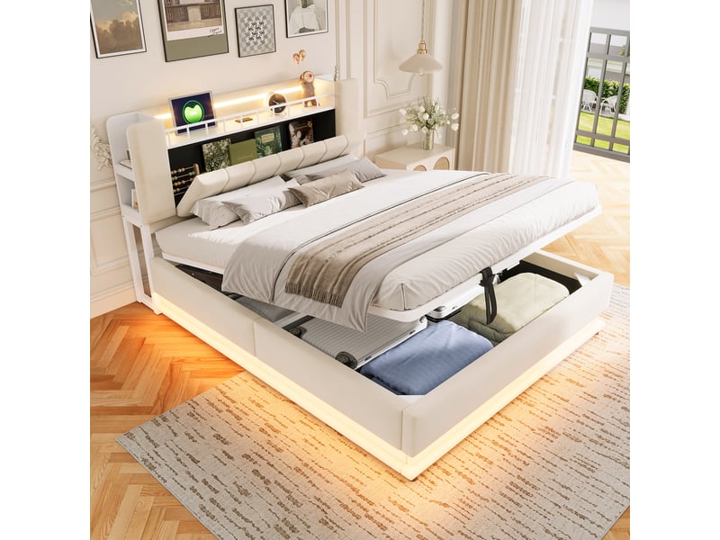  Lit coffre capitonné 160 x 200 cm - avec éclairage led - avec port usb - velours - beige (matelas non inclus)  - Conforama R