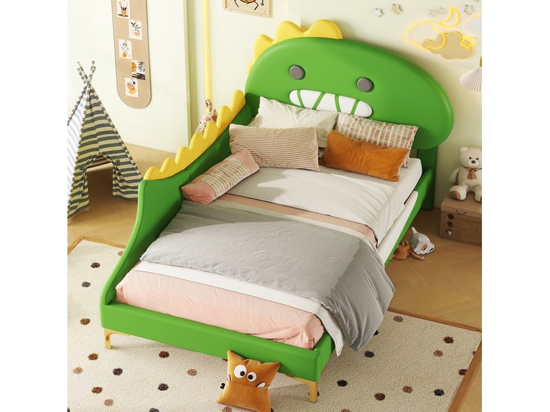 Lit enfant 90x200 cm avec tête de lit dinosaure en pu et mdf vert - Conforama B