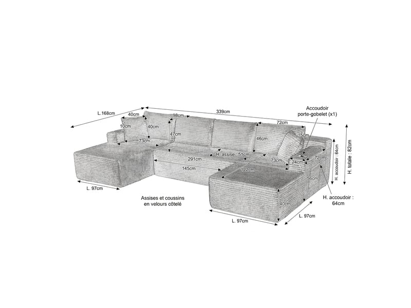  Canapé modulable en u 6 places en velours côtelé beige sans armature  - Conforama E