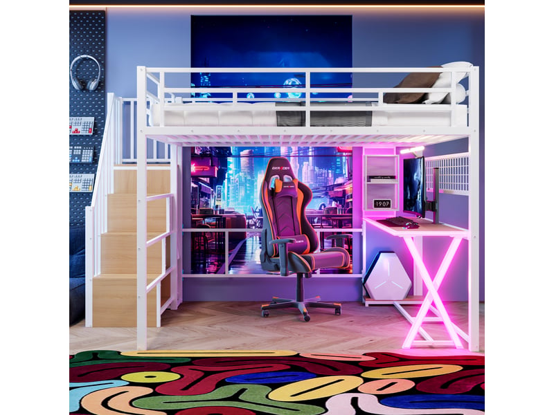 Lit mezzanine 160 x 200 cm – avec éclairage led – échelle avec rangements – avec bureau – blanc (matelas non inclus) - Conforama D