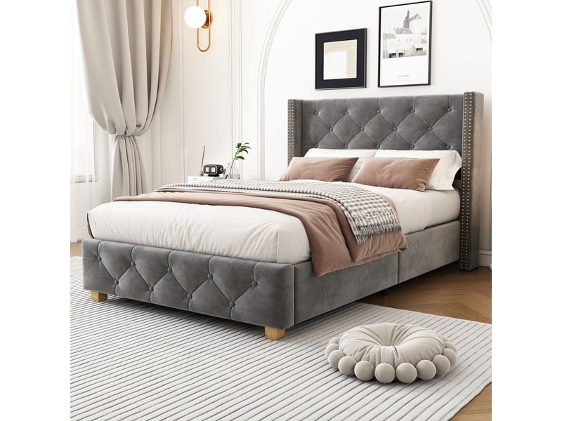  Lit simple 90 x 200 cm cadre de lit tête de lit capitonnage à boutons capitonnage à rivets pieds en bois velours gris  - Conforama C