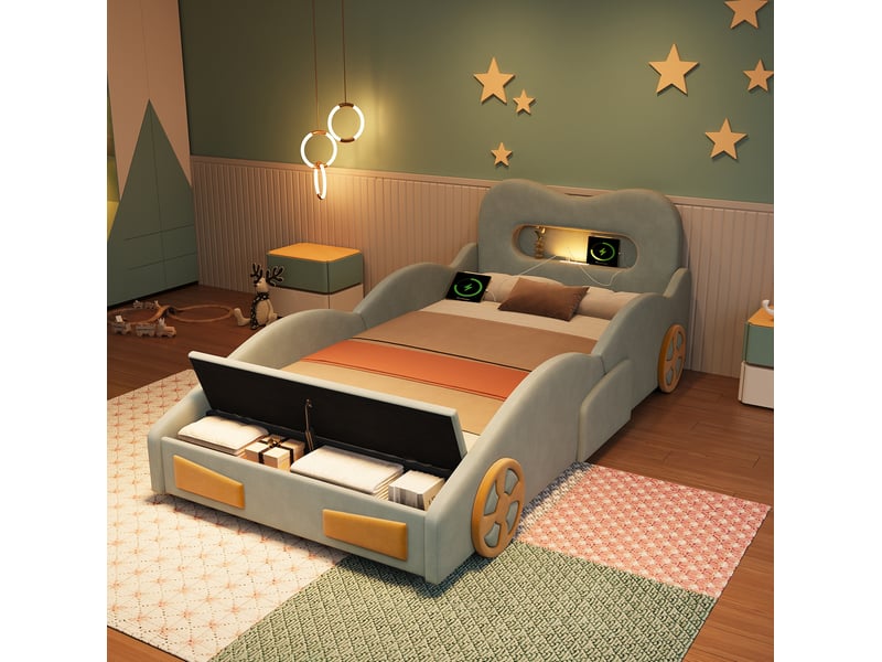  Lit enfant voiture modenvie 90 x 200 cm avec éclairage de lecture, port de recharge et coffre vert en flanelle  - Conforama B