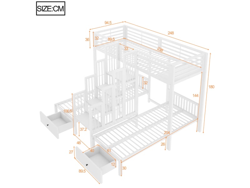 Lit superposé triple 90x200 cm avec escalier, tiroirs et barrières, blanc, sans matelas - Conforama C