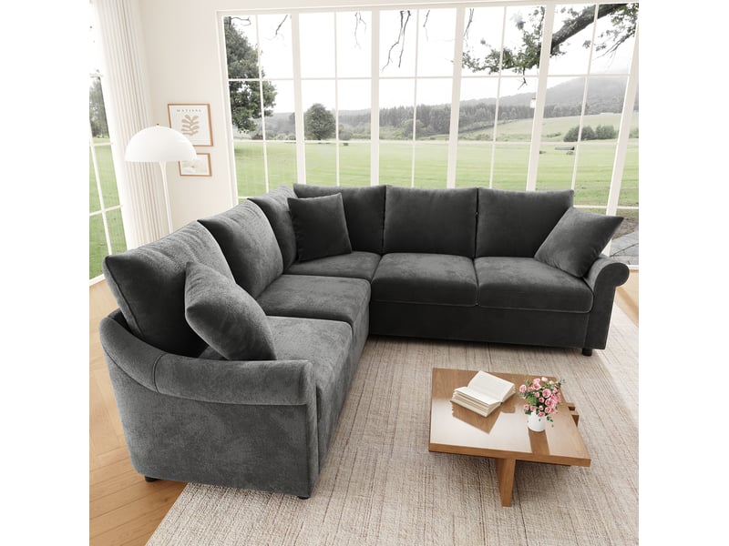  Canapé d'angle 5 places en tissu chenille gris, 217x217x83 cm  - Conforama D