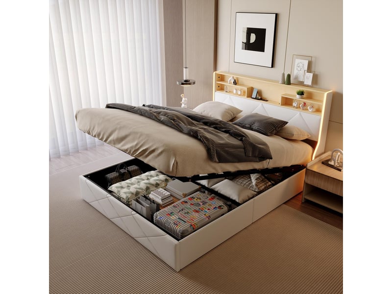  Lit coffre 160x200cm - lit double 160x200 - rembourré en simili cuir pu avec led, prises usb et rangement - blanc  - Conforama B