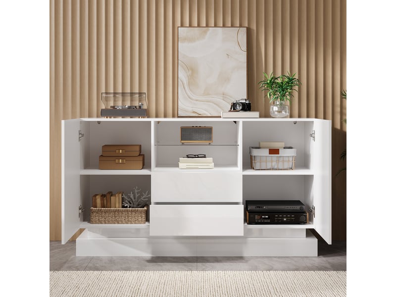 Buffet avec 2 portes, 2 tiroirs, niche led pour salon 140×40×80 cm en panneaux de particules blanc - Conforama C