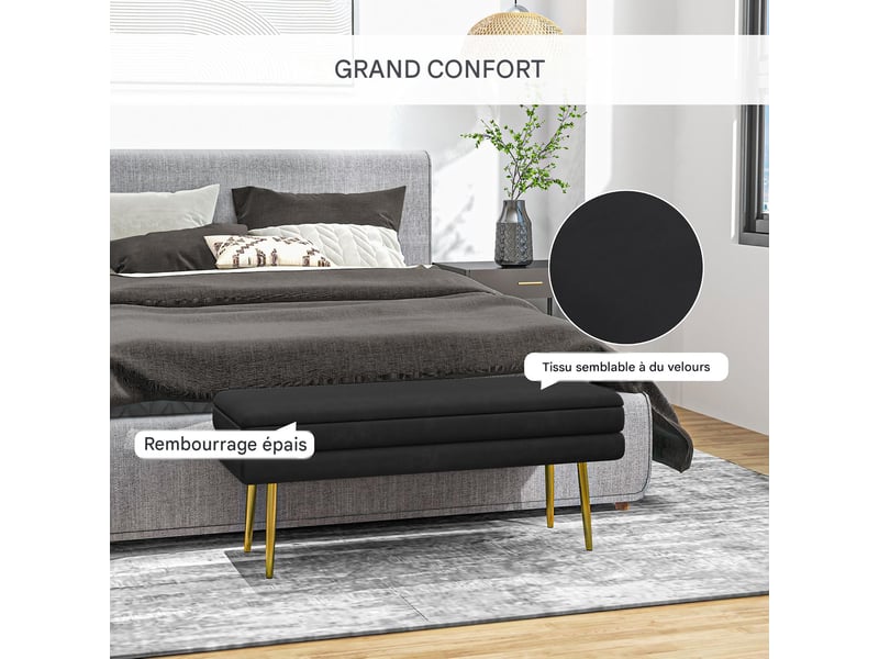  Banc coffre avec espace de rangement velours et acier noir 100 x 37,5 x 42 cm  - Conforama D