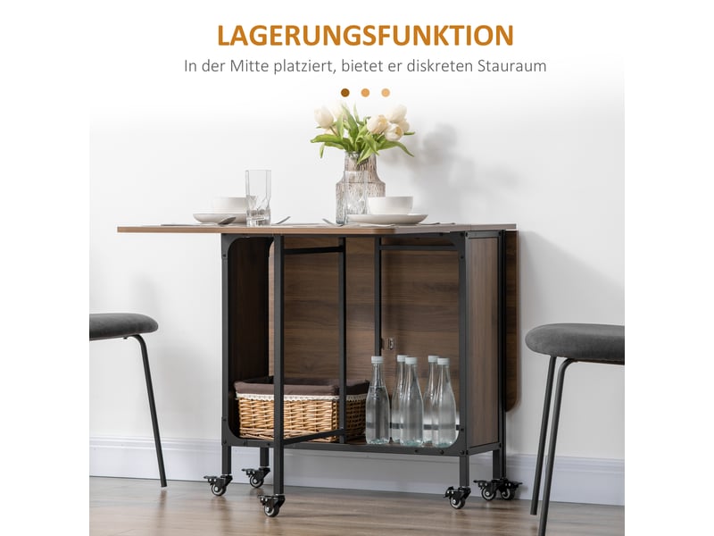  Table à manger pliable mobile pour 6 personnes avec rangement et 6 roulettes avec freins pour cuisine et salon marron  - Conforama E