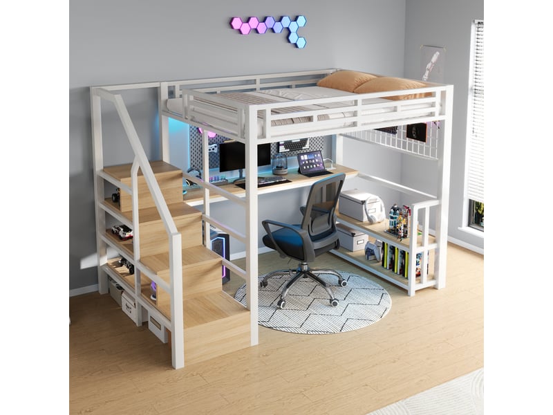  Lit mezzanine enfant 140x200 cm avec bureau intégré, rangements, éclairage led et structure métal mdf blanche  - Conforama E