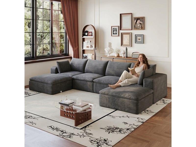  Canapé nuage 340 cm en velours côtelé 6 places gris foncé modulable sans montage  - Conforama C