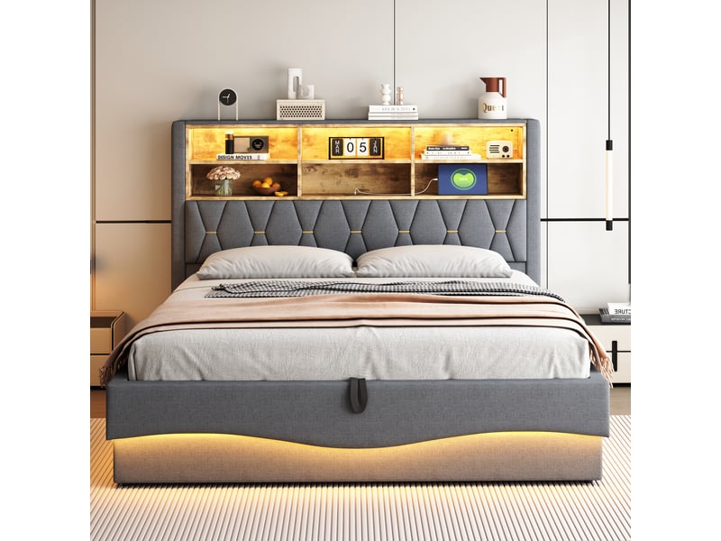  Lit coffre 180x200 cm gris tissu avec led pilotée par application, ports usb et relevage hydraulique, sans matelas  - Conforama D