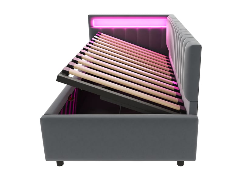  Lit banquette 90x200 cm en velours gris, led, coffre hydraulique et dossier latéral modulable  - Conforama E