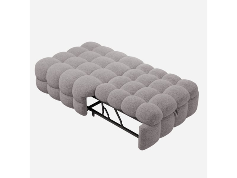  Lit capitonné gris 2-en-1 – canapé-lit extensible et pouf repose-pieds en bouclé  - Conforama D