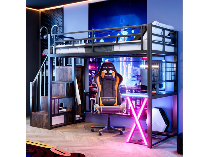  Lit mezzanine 90x200 cm avec bureau et éclairage, en métal et mdf noir  - Conforama C