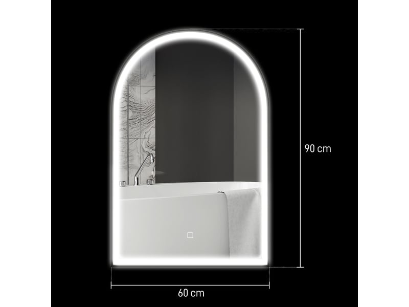  Miroir de salle de bain led 90 x 60cm, mural, 3 couleurs, arqué cadre en aluminium, désembuage et interrupteur tactile  - Conforama E