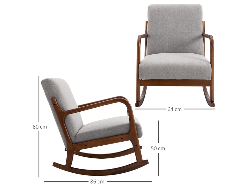  Fauteuil à bascule rembourré, style vintage, en bois et polyester gris, pour l'intérieur, bureau, salon, 64 x 86 x 80 cm  - Conforama E