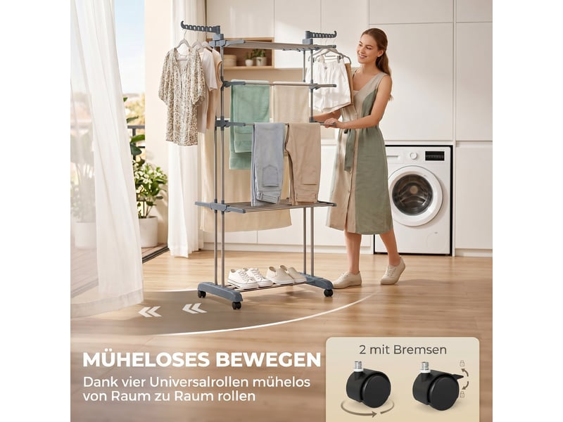  Étendoir à linge pliable à 5 niveaux, sur roulettes, avec rallonges latérales, gris  - Conforama E