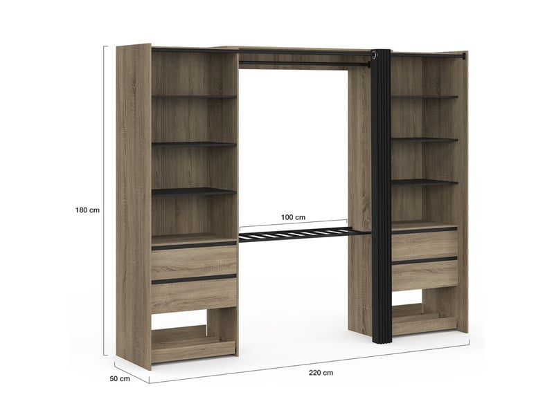 Dressing double xxl meryl 220 cm hêtre avec porte pantalons + étagères + tiroirs + rangements à chaussures et noir - Conforama D