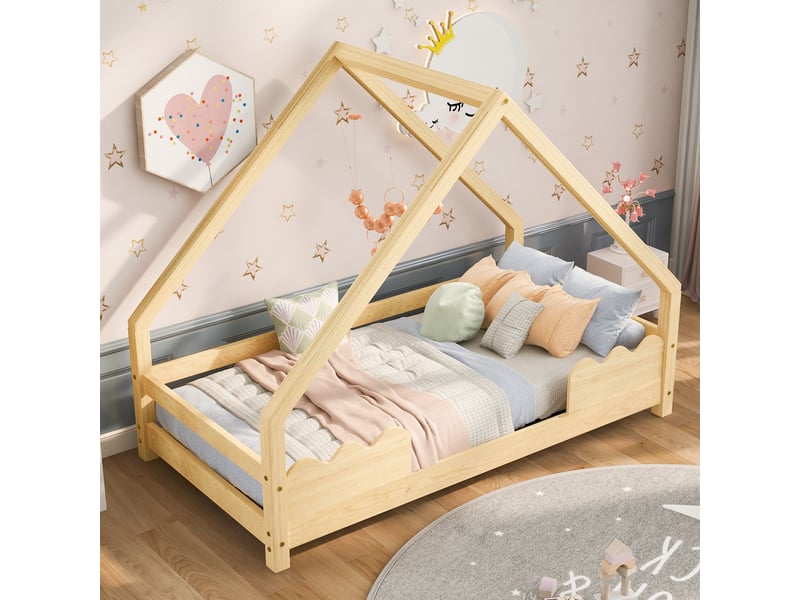  Lit cabane enfant 90x200 en bois massif avec barrière de sécurité, lit ado 90x200 cm couleur naturelle, sommier à lattes inclus  - Conforama C