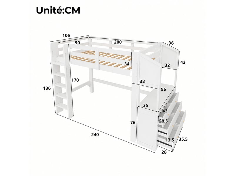  Lit mezzanine lit simple en bois et mdf avec 6 tiroirs, étagères et led, 200x90 cm, matelas non précisé, blanc  - Conforama D