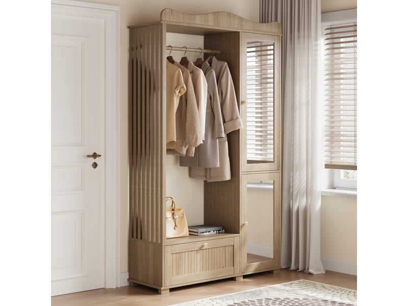 Armoire ouverte avec 2 portes, 1 tiroir et miroir, tringle à vêtements, pour chambre et entrée, en mdf, 115 × 35 × 195 cm, chêne - Conforama C