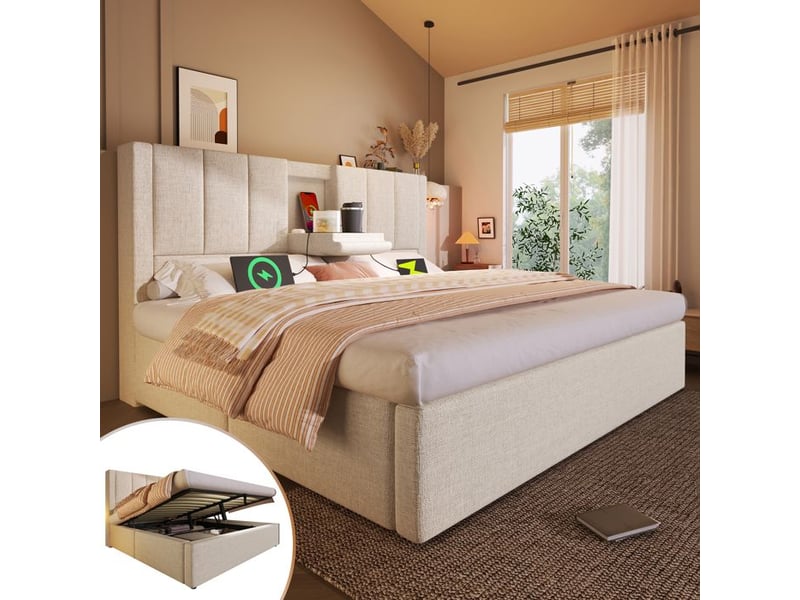  Lit rembourré - 160x200 cm - beige - lin - station de charge usb - porte-gobelet caché  - Conforama E