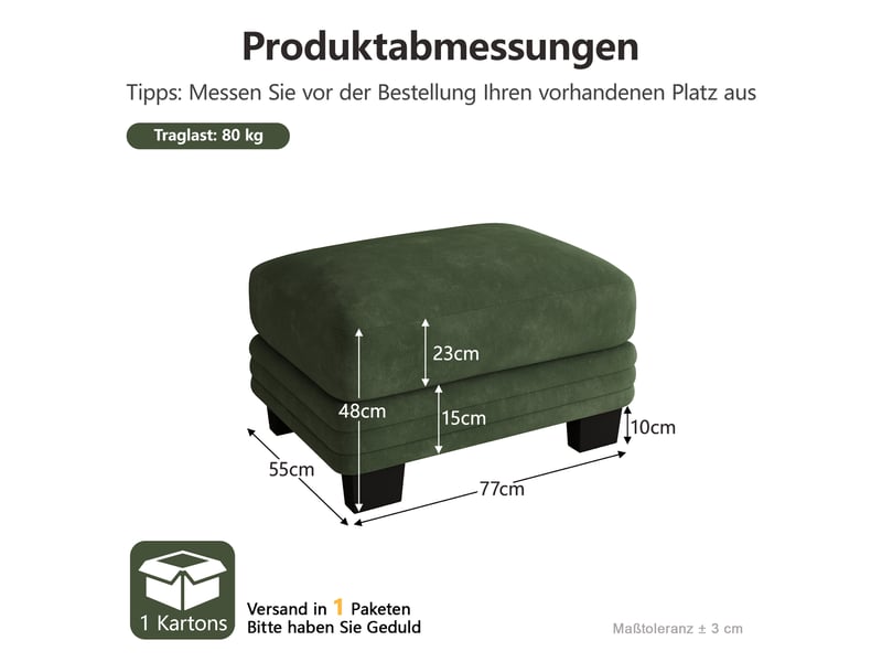  Pouf carré vert foncé en chenille, repose-pieds rembourré avec pieds pour salon et chambre  - Conforama C