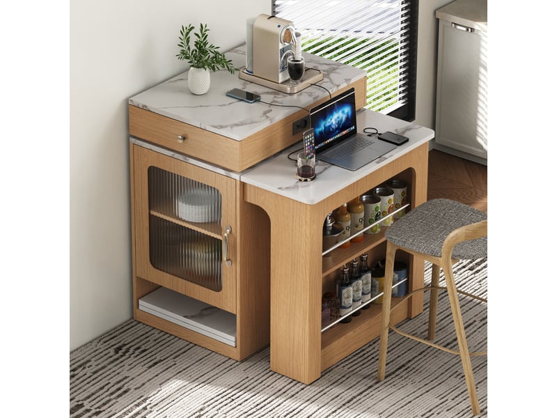Îlot de cuisine sur roulettes table extensible 80 x 71-151 cm multiprise tiroir chêne naturel - Conforama C