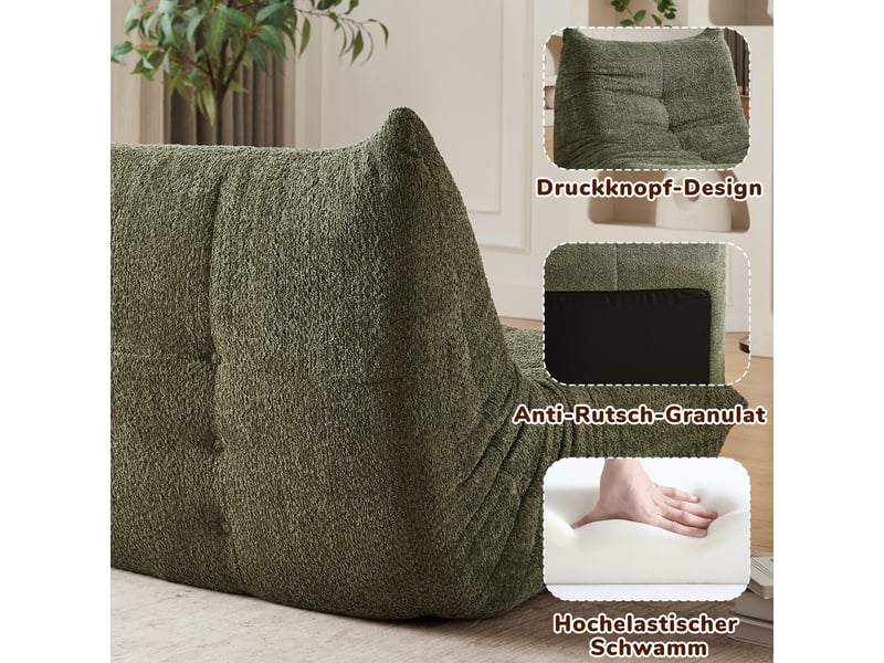  Fauteuil de sol vert en chenille, rembourré de mousse, sans accoudoirs, lounge confortable pour salon, chambre, jeux et bureau  - Conforama D