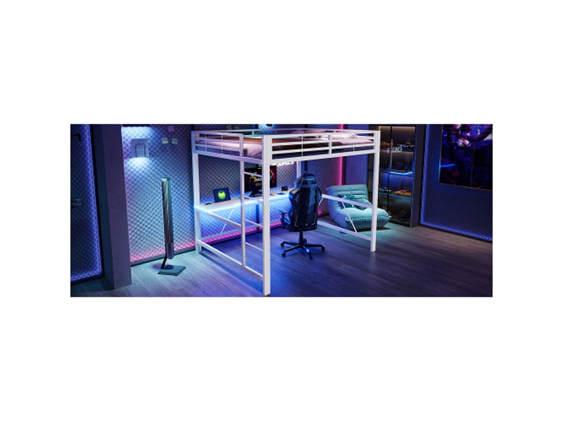  Lit mezzanine gamer métal 160x200 led usb et bureau intégré - blanc  - Conforama D