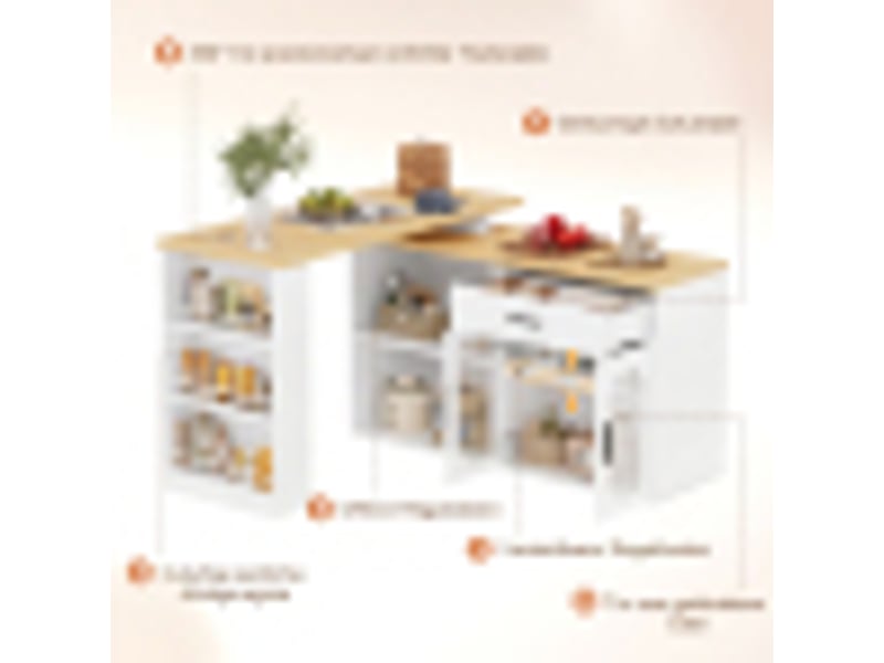 Îlot de cuisine blanc en mdf, plateau pivotant à 360°, format bar et buffet, rangement modulable, 136 × 50 × 78 cm - Conforama E