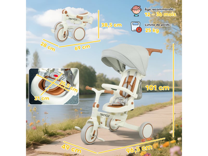 Tricycle bébé évolutif 5 en 1, tricycle enfant pliable avec poignée réglable, capote amovible, pour 1-3 ans, crème - Conforama C