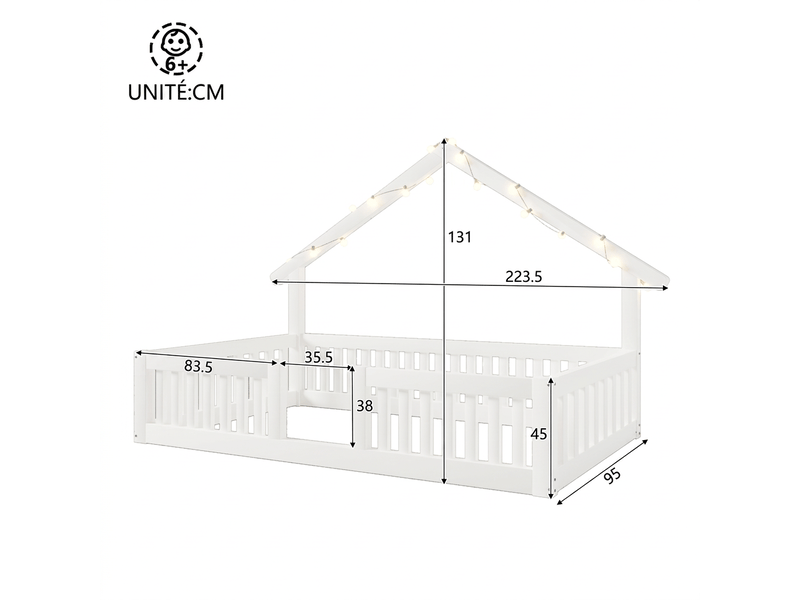  Lit cabane 90x200 enfant bois blanc - lit au sol avec barrière et guirlande led  - Conforama C