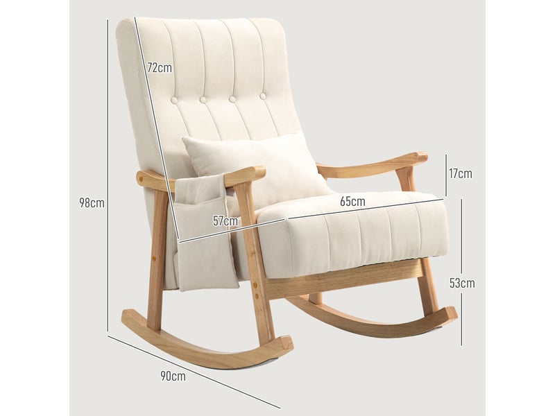  Fauteuil à bascule, rocking chair en tissu efft lin, coussin lombaire, pieds en bois d'hévéa, assise rembourrée, beige  - Conforama C