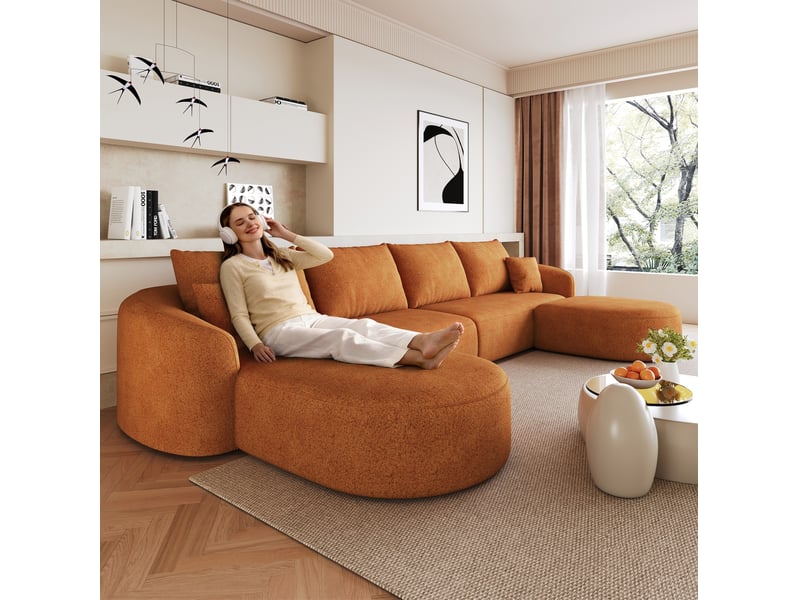  Canapé panoramique en u 5 places modulaire sans montage, mousse haute élasticité en chenille orange, 336 × 168 × 85 cm  - Conforama B