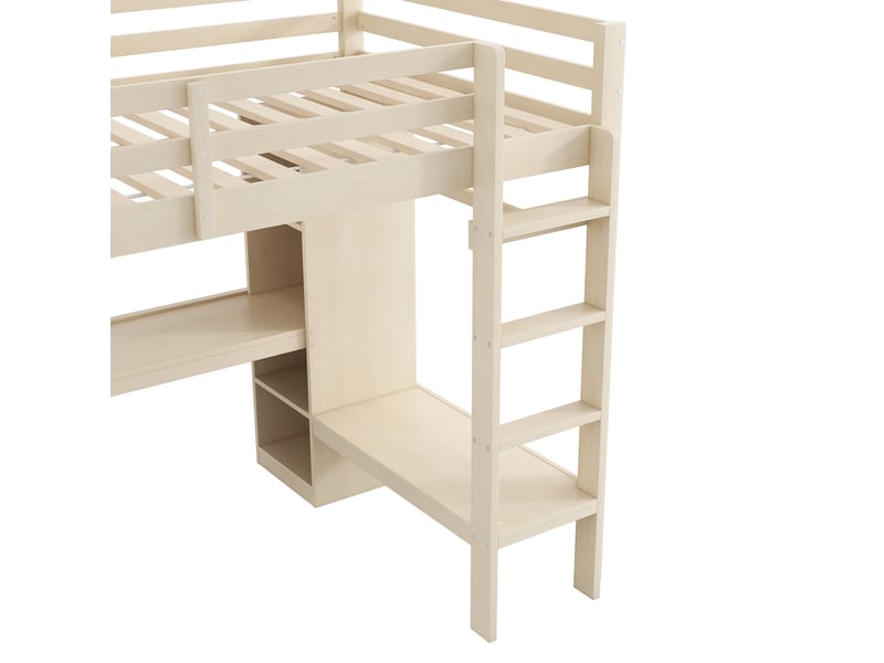  Lit mezzanine naturel 140×200 cm, pin et mdf, bureau sous le couchage, étagères multifonctions, éclairage led et usb  - Conforama D