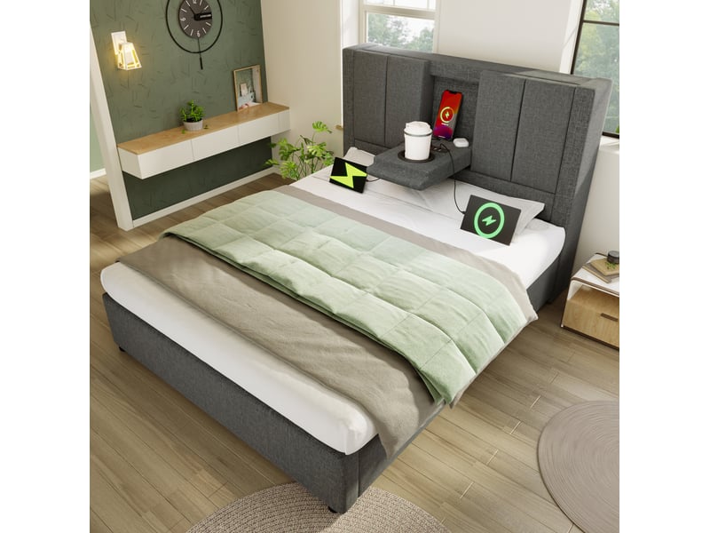  Lit coffre 90 × 200 cm 1 place avec rangement hydraulique, usb, type-c et porte-gobelet, matelas inclus, lin gris  - Conforama C