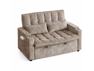 Canapé-lit 3-en-1 142x89x89 cm convertible, 2 porte-gobelets, 2 coussins lombaires, rangements, chenille marron