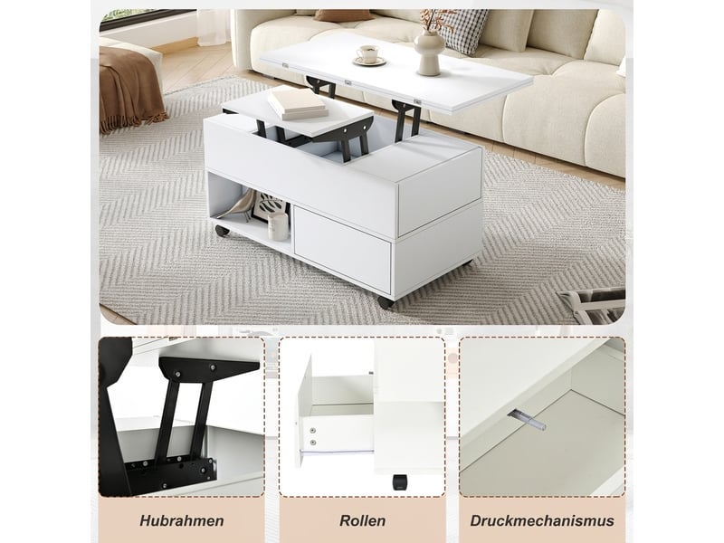  Table basse relevable blanche multifonction 100cm - 4 tiroirs, roulettes, rangement  - Conforama D