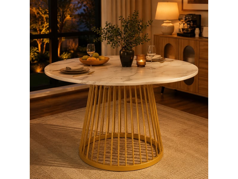  Table ronde, ø 80 cm, table de salle à manger effet marbre pieds, plateau mdf, piètement métal, coloris blanc et doré  - Conforama B