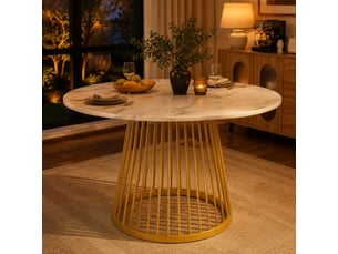 Table ronde, ø 80 cm, table de salle à manger effet marbre pieds, plateau mdf, piètement métal, coloris blanc et doré