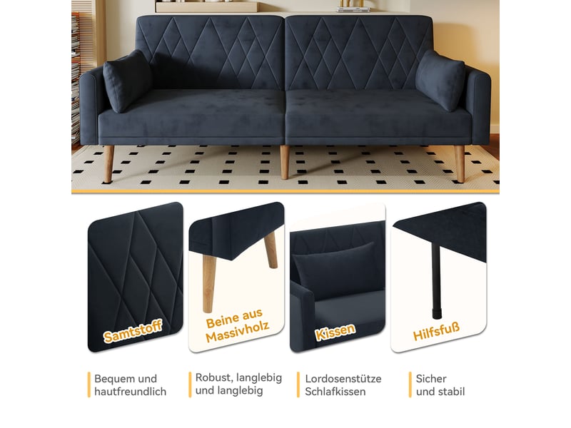  Canapé convertible 2 places noir en velours, design moderne avec dossier inclinable et accoudoirs réglables pour salon  - Conforama D