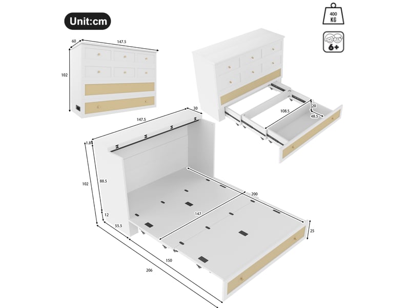  Lit escamotable mobile 140x200 cm avec tiroirs de rangement au pied, étagère en tête de lit, ports usb et prise électrique, pin et mdf, blanc  - Conforama E