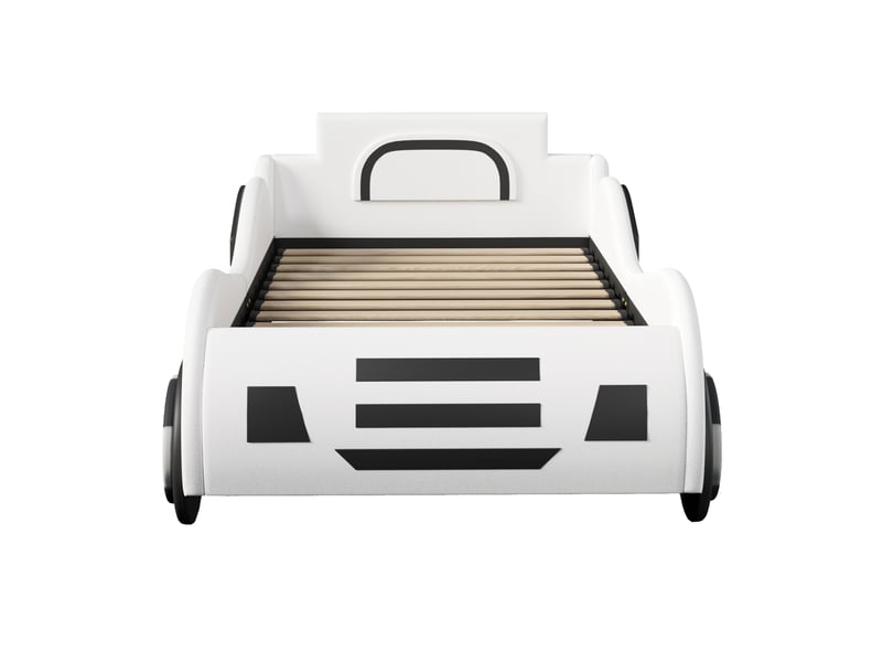  Lit enfant voiture 90 x 200 cm blanc en mdf et pu, sommier à lattes avec rangement hydraulique sous le couchage  - Conforama E
