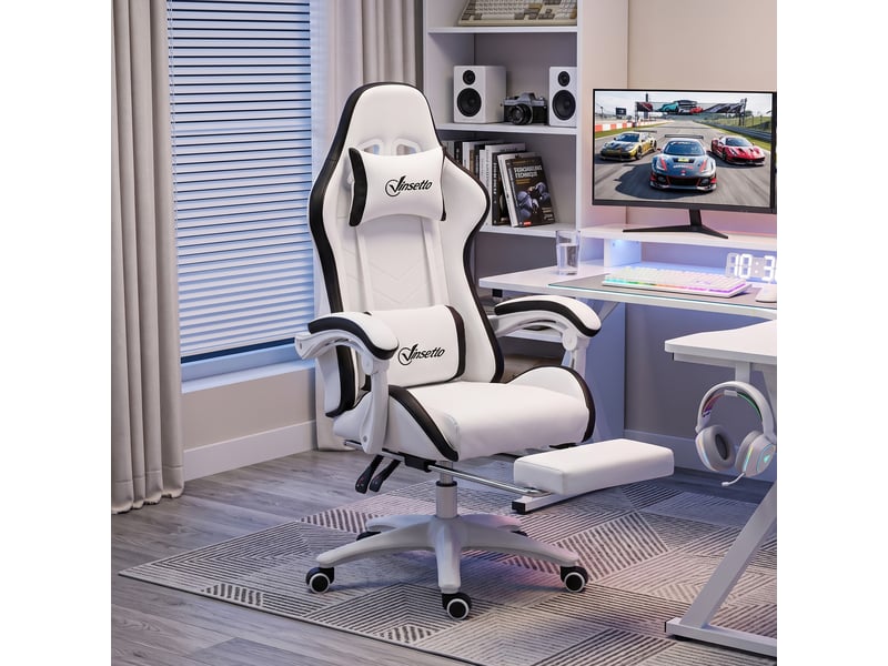  Fauteuil de jeu en similicuir, réglable en hauteur, inclinable à 135°, avec appui-tête et repose-pieds, 65 x 65 x 121-129 cm, blanc  - Conforama C