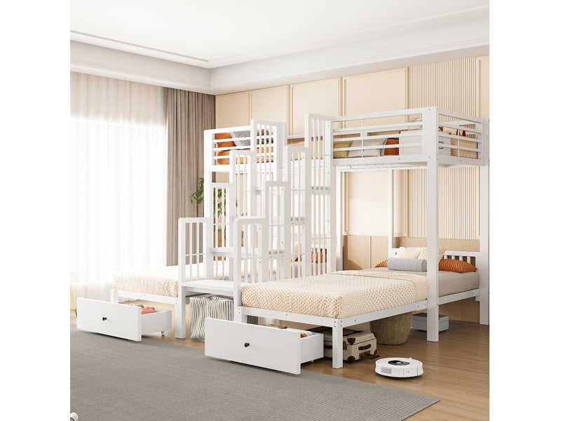 Lit superposé 3 places 90x200 cm avec escalier et tiroirs, blanc - Conforama B