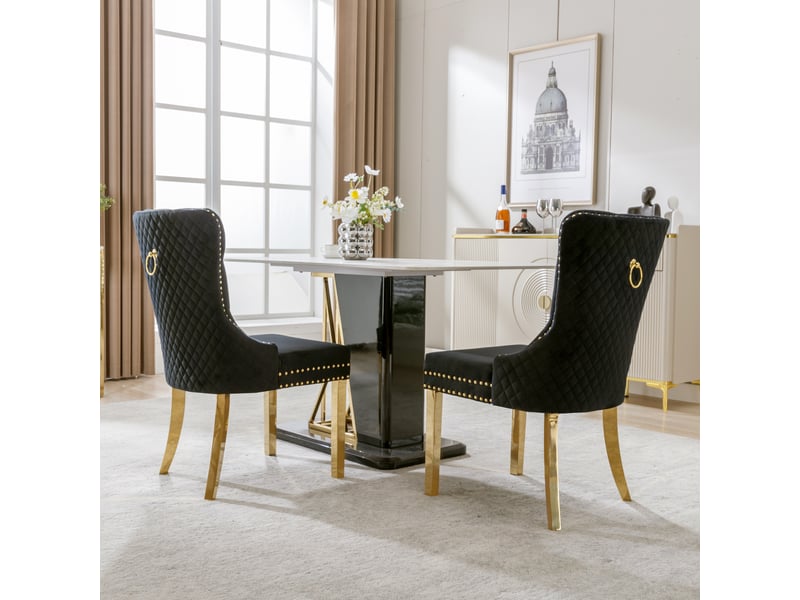 Lot de 2 chaises de salle à manger en velours noir et doré  - Conforama D