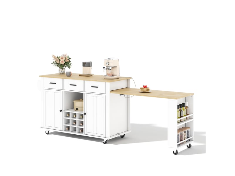 Îlot de cuisine mobile extensible 136-223 x 50 cm avec prises usb, blanc et bois - Conforama A